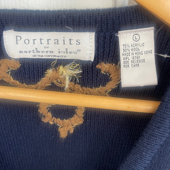 VTG  Portraits By Northern Isles Large  Embroidered Holiday Wool Blend Navy - Picture 3 of 7